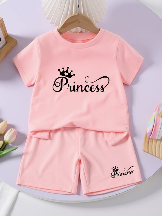 Girls' T-shirt for Medium and Small Children, Comfortable Simple Daily Sports Princess English Crown Print Round Neck Short Sleeve Shorts Casual Suit, Perfect for Outdoor