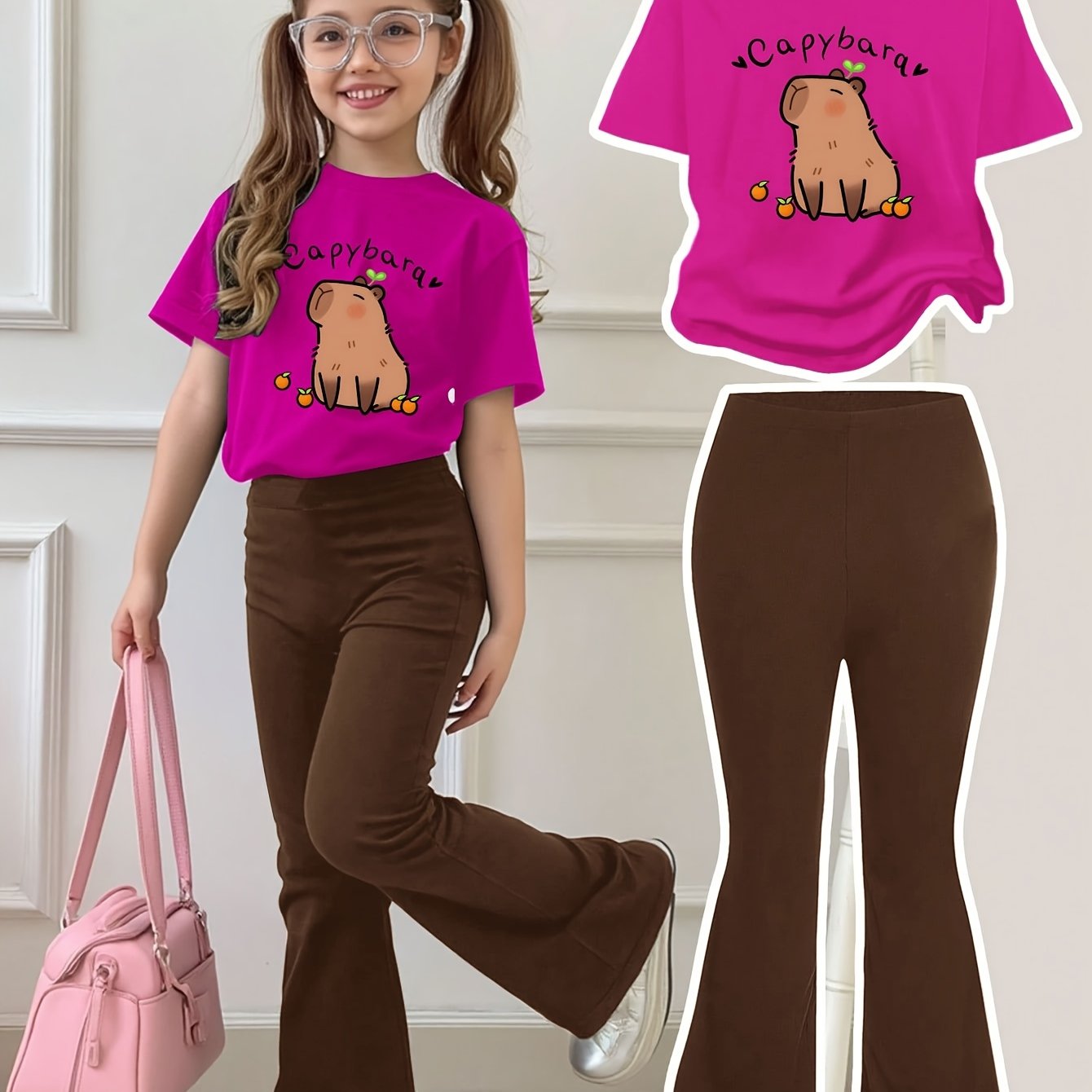 Girls Summer Breathable And Comfortable Fashion Casual Suit Capibara Print Round Neck Short-Sleeved T-Shirt + Flared Trousers Two-Piece Suit for Outdoor