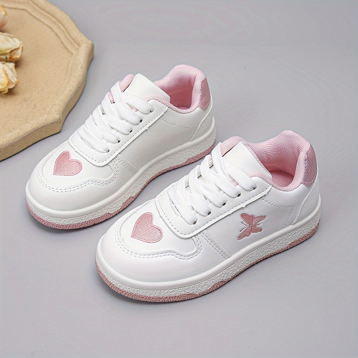 The New White Sneakers Are Versatile, Featuring Hearts And Butterflies.