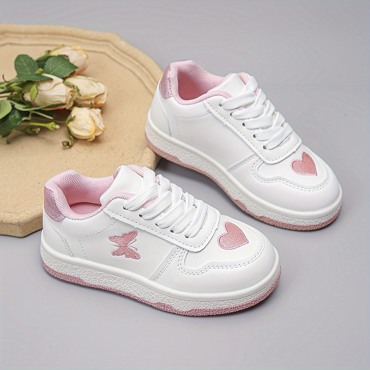 The New White Sneakers Are Versatile, Featuring Hearts And Butterflies.
