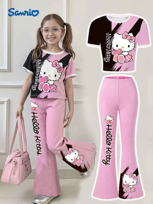 Ku'luo'm Girls' Two-Piece Set: Short Sleeve Heart & Bow Print Top + Flared Pants - Pink with White & Black Accents, Casual Summer Outfit for Youngsters, Cute Outfit|Playful Design|Stretchy Fabri, for Outdoor