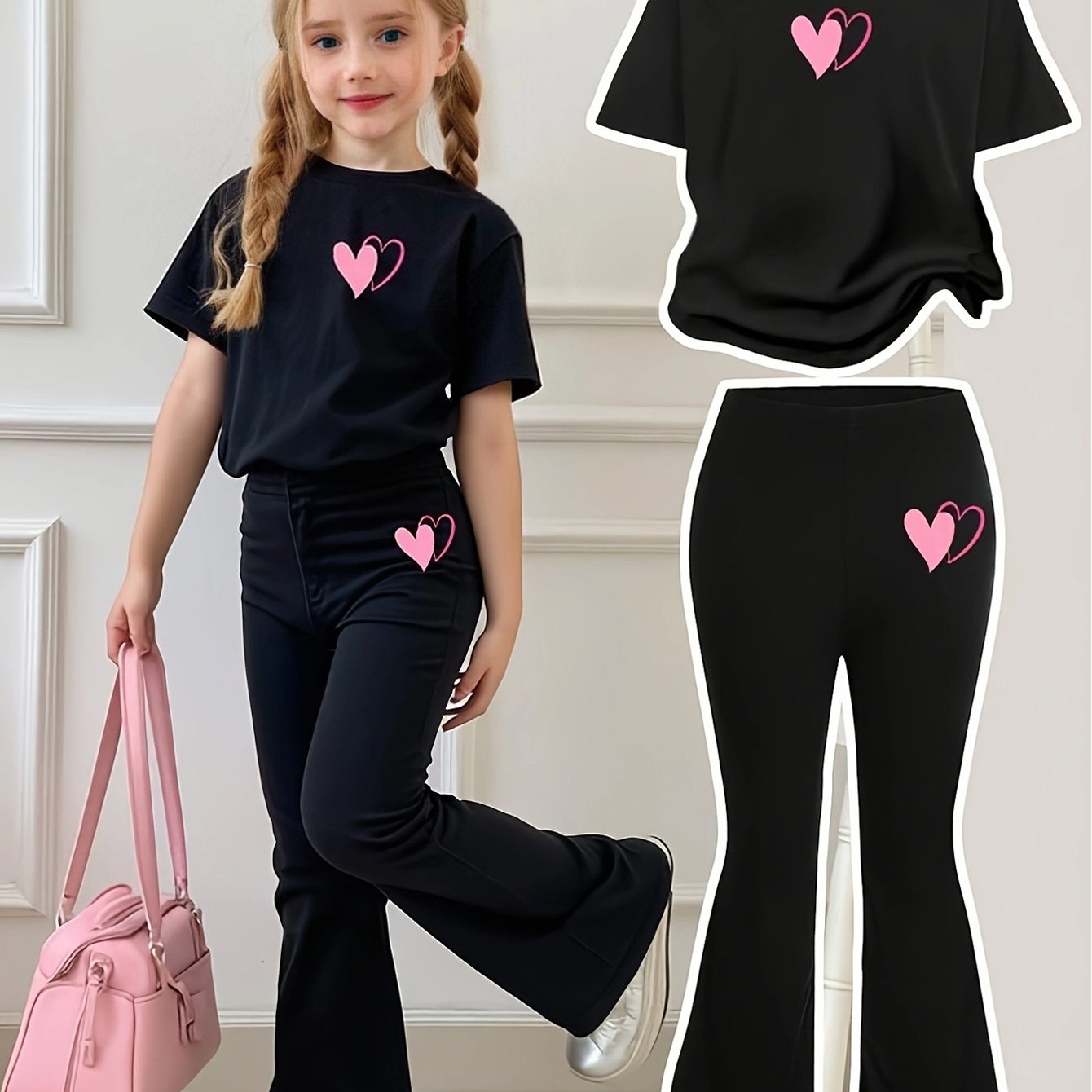 Girls' Fashion Summer Black Heart Short Sleeve Top + Heart Pants Two-Piece Set, Perfect for Outdoor