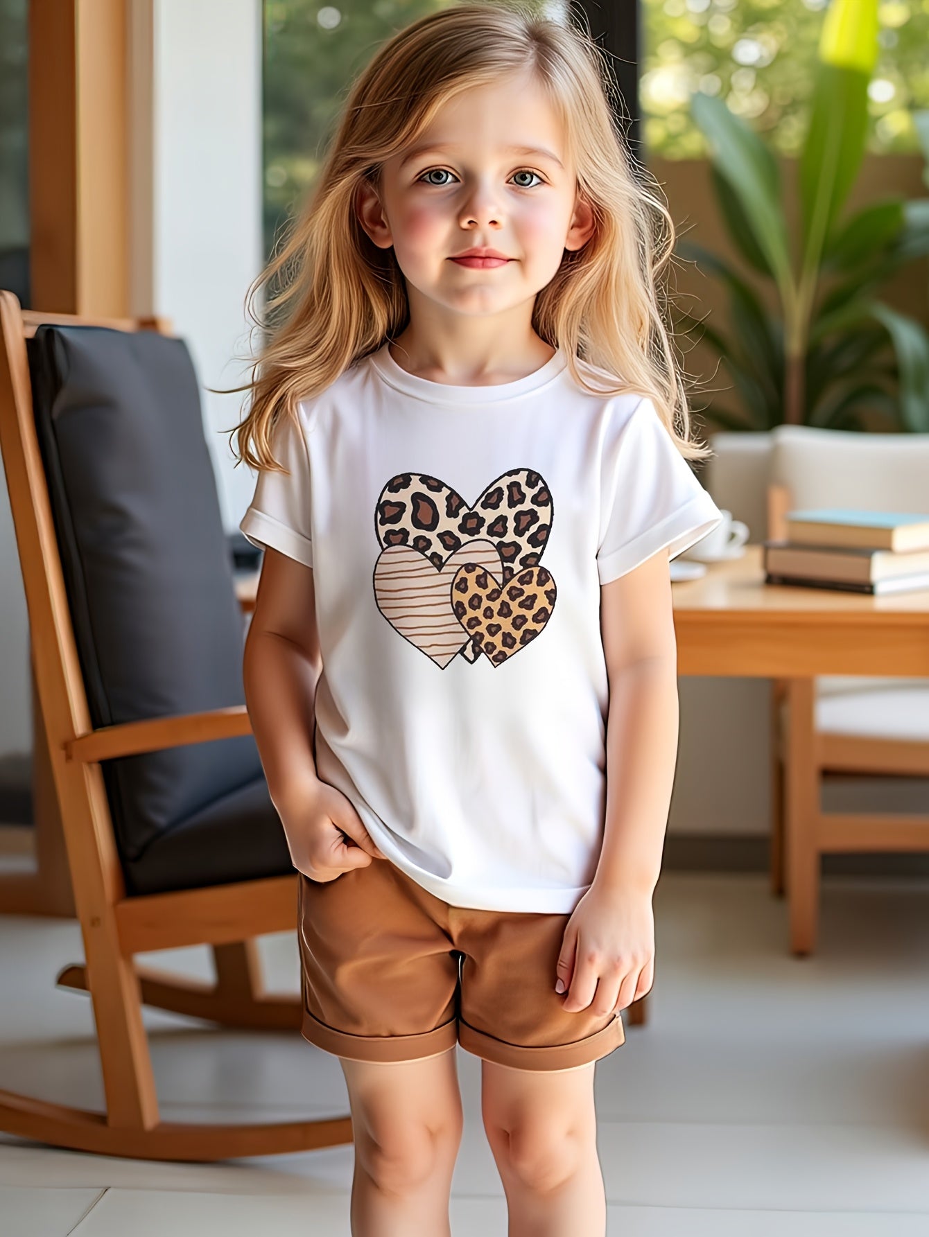 2pcs set of fashionable and comfortable summer suits for girls, regular round-neck short-sleeved top with love leopard print pattern + elastic waist plain shorts, girl's vacation foreign style versatile children's clothing, y