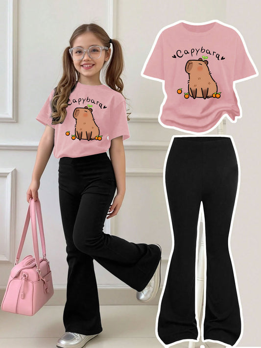 Girls Summer Breathable And Comfortable Fashion Casual Suit Capibara Print Round Neck Short-Sleeved T-Shirt + Flared Trousers Two-Piece Suit for Outdoor