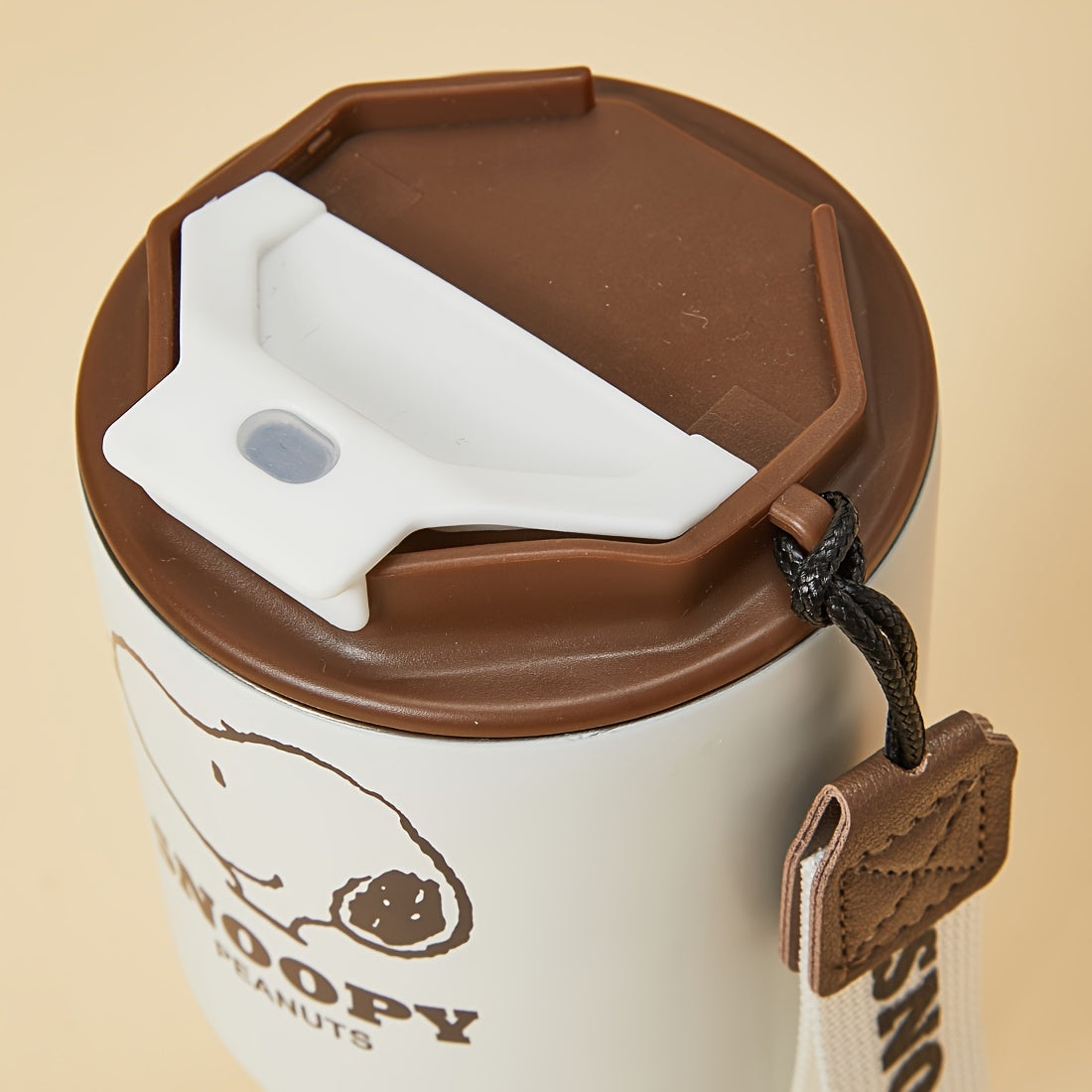 MINISO Snoopy Nuts 16.91oz Stainless Steel Travel Cup with Carrying Strap, Brown & White - Ideal for Women's Day, Valentine's, Thanksgiving, New Year, Mother's Day, Portable Coffee Cup|Themed Merchandise|Secure Lid Feature, C
