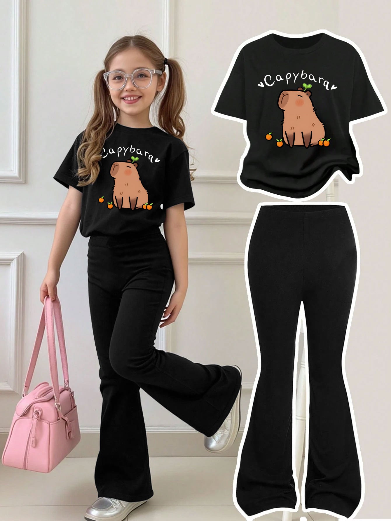 Girls Summer Breathable And Comfortable Fashion Casual Suit Capibara Print Round Neck Short-Sleeved T-Shirt + Flared Trousers Two-Piece Suit for Outdoor