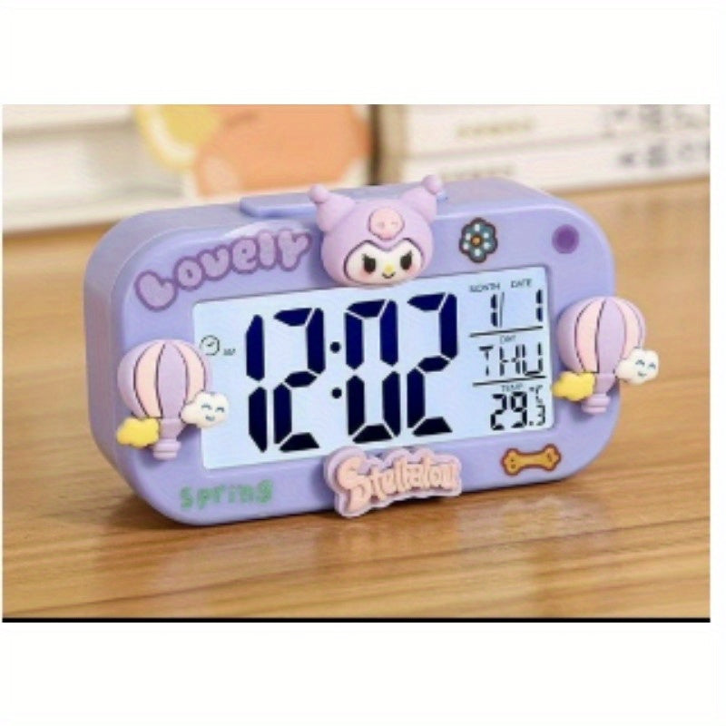 Sanrio Kuromi & Cinnamoroll Alarm Clock with Digital Display, Temperature & Date Function - Cute Cartoon Character Design, Pastel Purple & Yellow, Battery-Powered Mini Clock for Bedroom, Dorm, Desk Decor (AA Battery Not Inclu