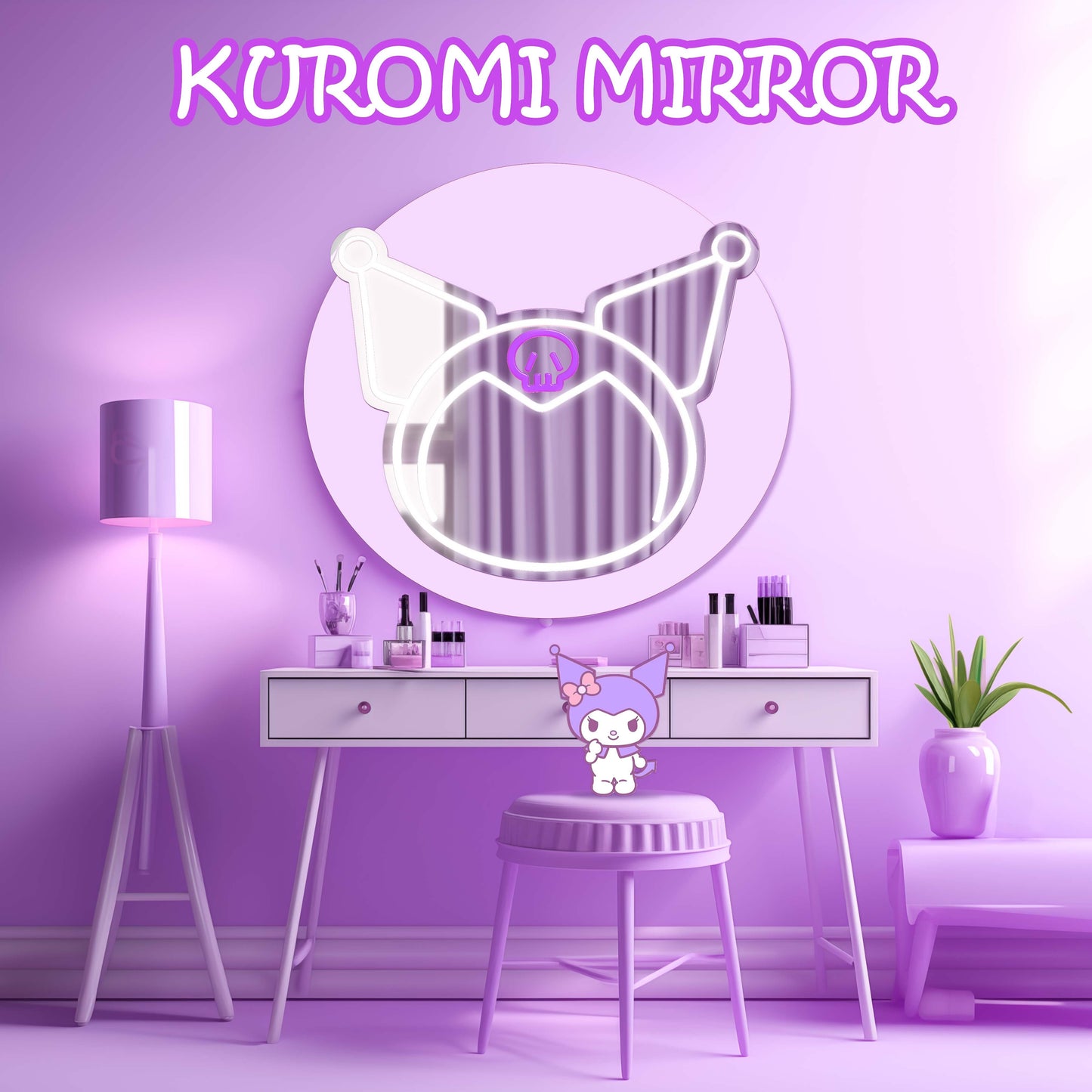 1pc Sanrio Kuromi LED Mirror, USB Powered Neon Light, Adjustable Brightness, Contemporary Cartoon Style, Vertical Irregular Shape, Portable Aesthetic Lamp for Bedroom, Makeup Room, Birthday, Christmas Gift