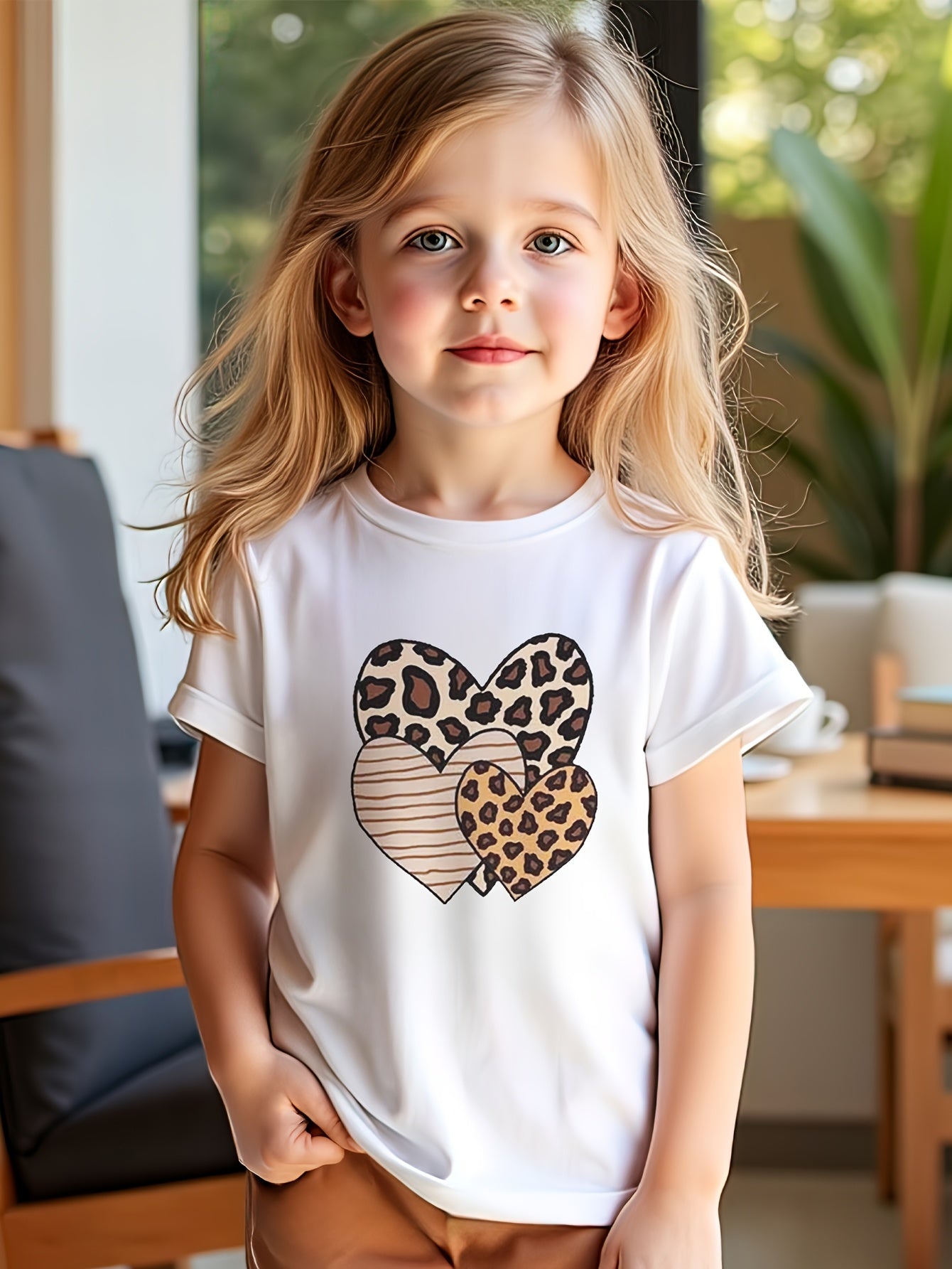 2pcs set of fashionable and comfortable summer suits for girls, regular round-neck short-sleeved top with love leopard print pattern + elastic waist plain shorts, girl's vacation foreign style versatile children's clothing, y