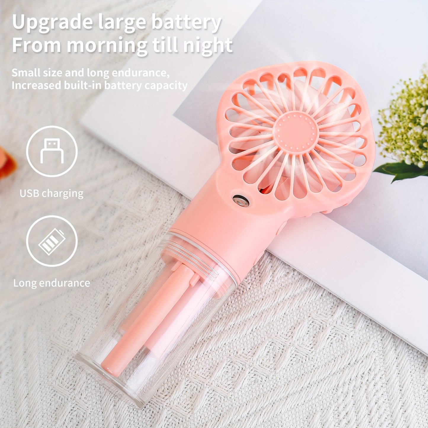 Portable Handheld Spray Fan for Outdoor Use, Neck-Hanging Fan, Desktop Humidifying Mini Fan with Four Wind Speed Settings.