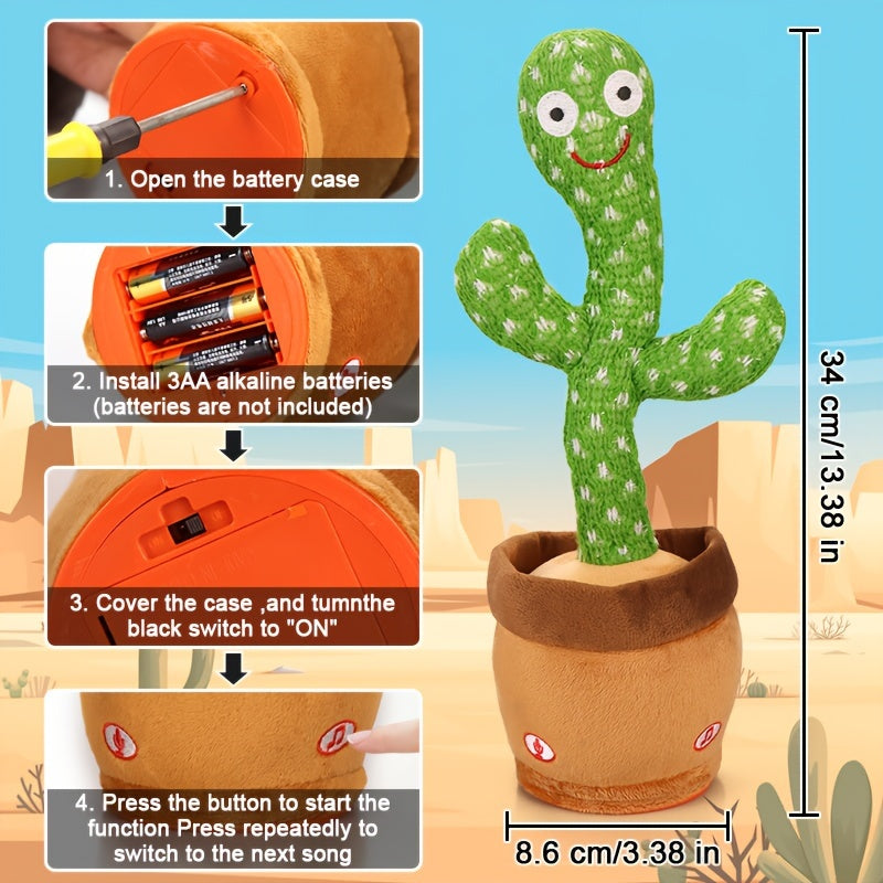 Dancing Cactus Singing Plush Toy - Interactive, Sunlit Green Cactus with Music Notes, 120 English Songs, No Batteries Needed, Ideal for Kids, Party Decoration | Interactive Plush Toy | Dancing Cactus Design, Cactus Decor