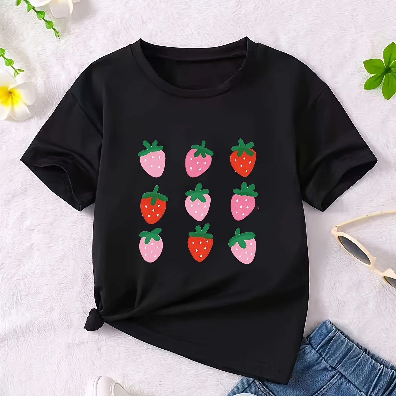 Women'S Casual Strawberry Print T-Shirt - Soft, Stretchy Knit Top with Round Neck, Short Sleeve, Spring/Summer/Fall Style, Comfortable Fit, Casual Wear | Playful Print Top | Comfortable Fit Top, Strawberry Top
