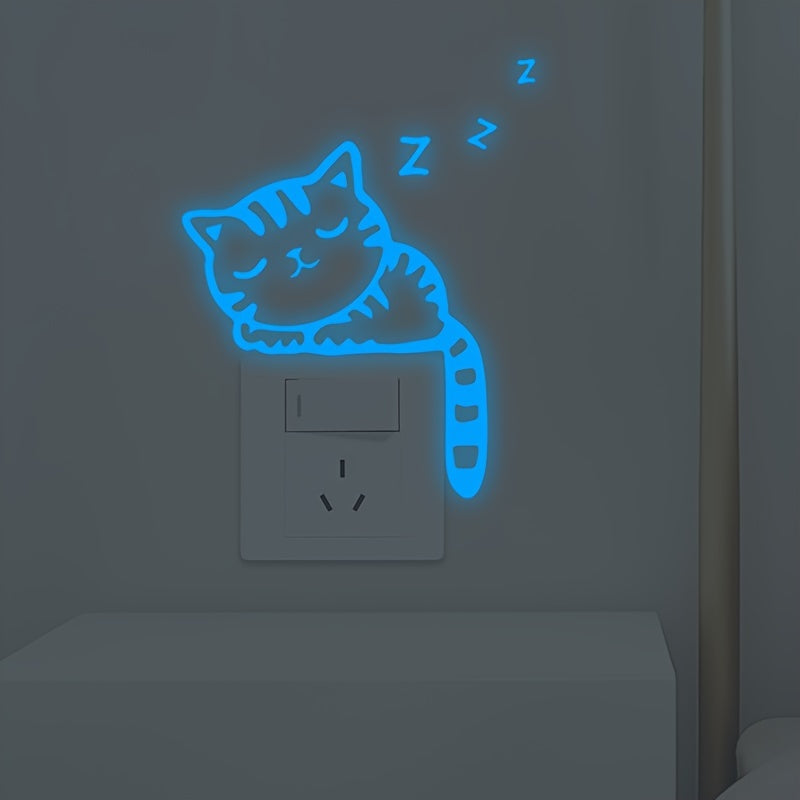 Glow-in-the-Dark Cat Wall Stickers - Removable Vinyl Decals for Light Switch, Creative Home Decor in Blue & Green, Adds Whimsical Touch to Living Room or Bedroom, Playful Room Decor | Whimsical Cat Design | Removable Sticker