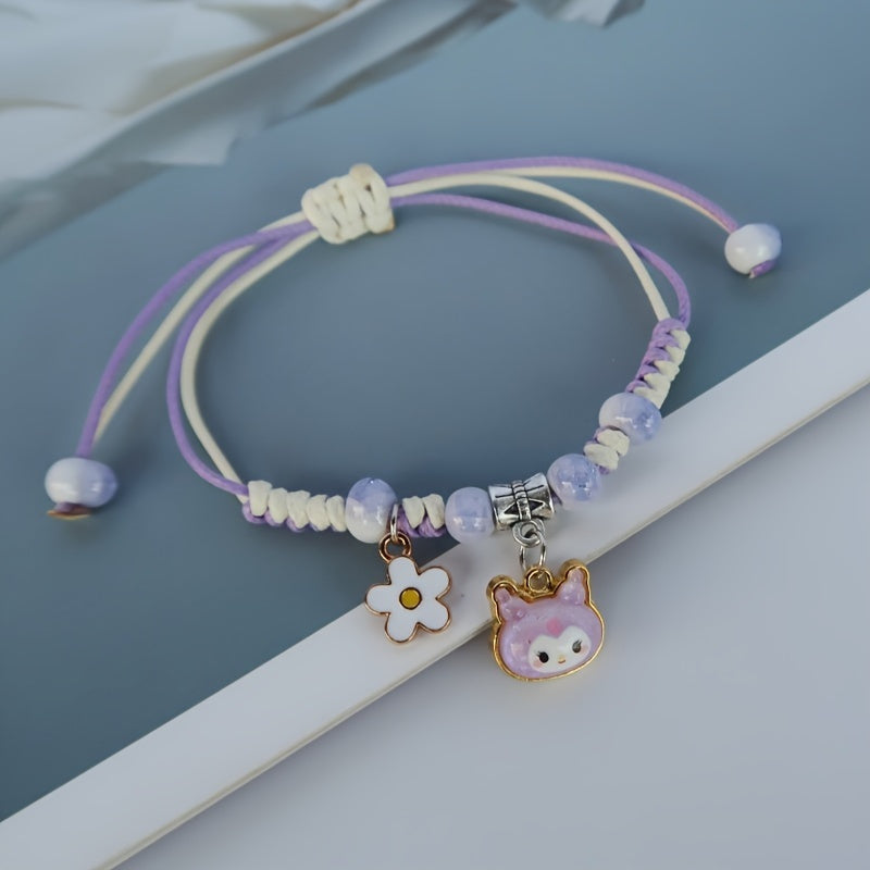 Sanrio Hello Kitty Adjustable Rope Bracelet with Kuromi, for Pochacco & for My Melody Charms - Cartoon Style Fashion Accessory for Women, Daily & Holiday Wear, Mardi Gras Day Theme, All-Season Weave Material