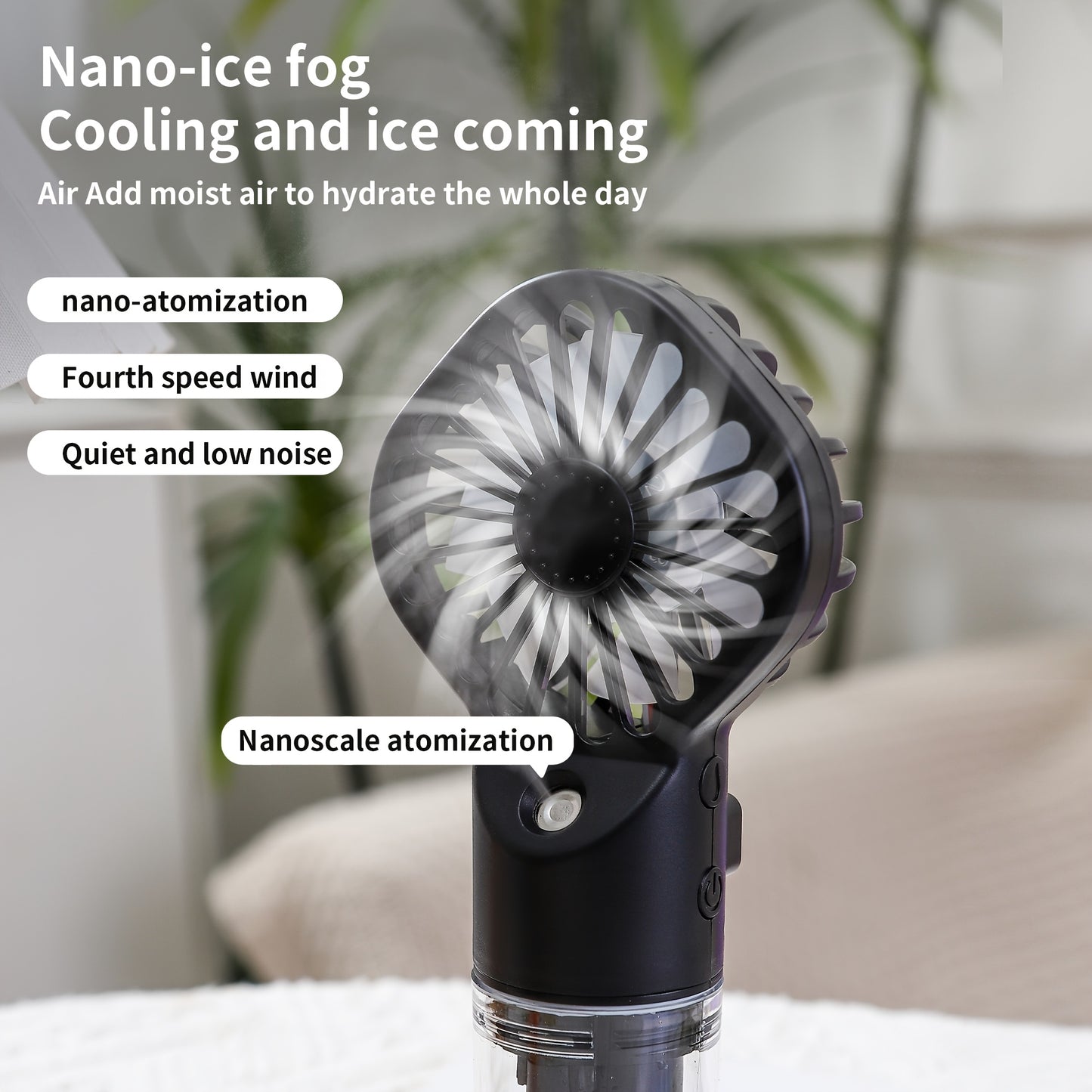 Portable Handheld Spray Fan for Outdoor Use, Neck-Hanging Fan, Desktop Humidifying Mini Fan with Four Wind Speed Settings.
