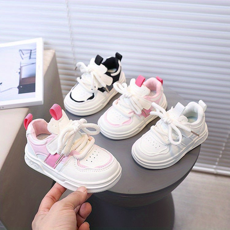 [Playful Charm] All-Season White Sneakers for Boys & Girls: Durable, Versatile Indoor/Outdoor Shoes with Hook-and-loop Closure, Low-Top Design, and Comfortable Fabric Lining