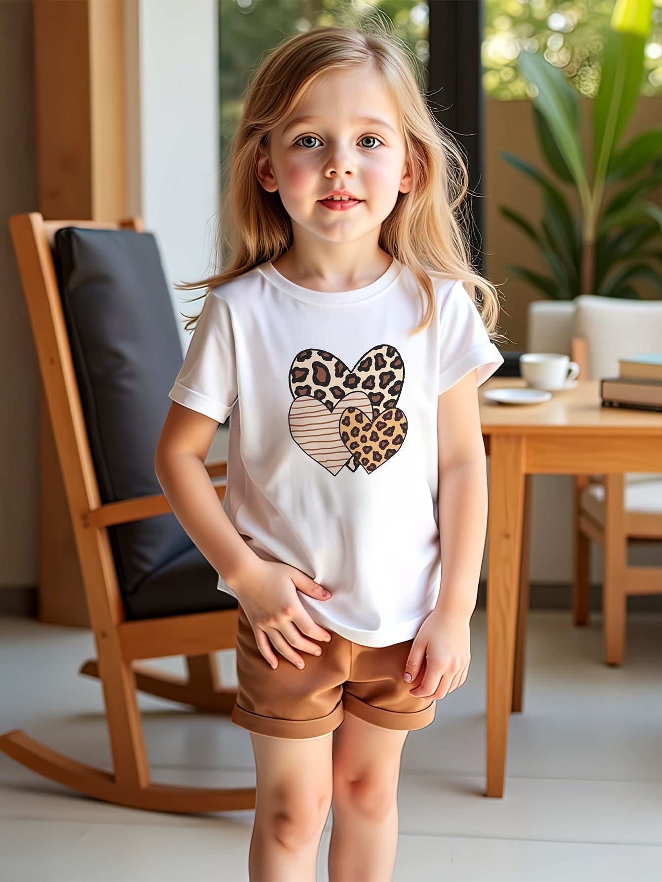 2pcs set of fashionable and comfortable summer suits for girls, regular round-neck short-sleeved top with love leopard print pattern + elastic waist plain shorts, girl's vacation foreign style versatile children's clothing, y