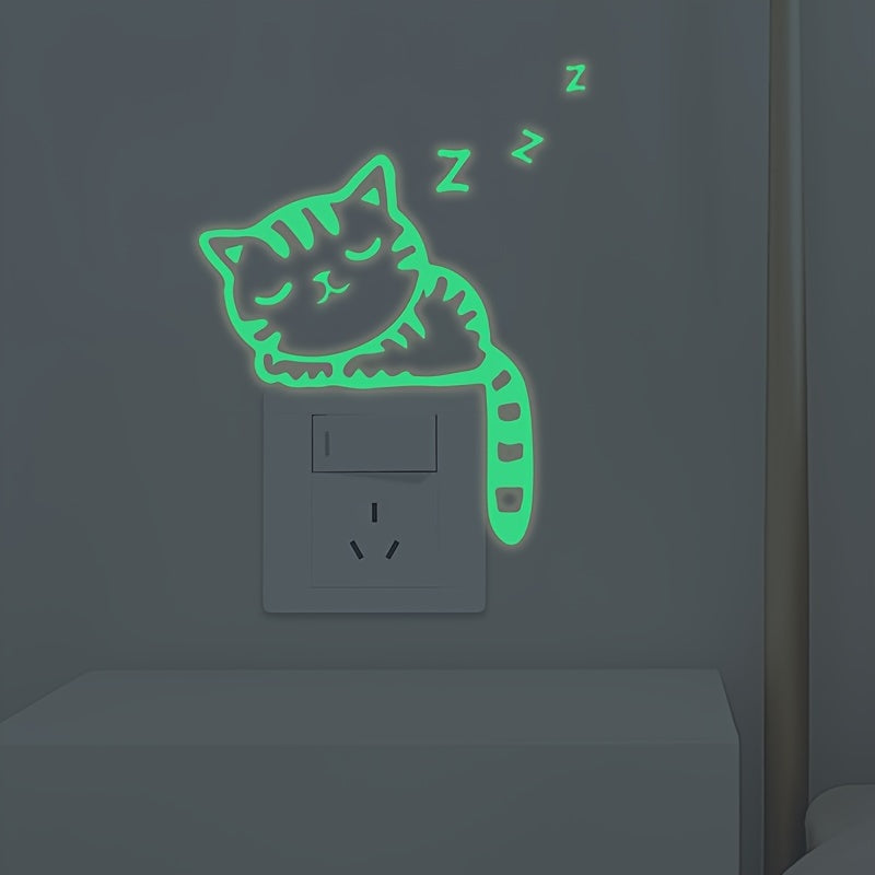 Glow-in-the-Dark Cat Wall Stickers - Removable Vinyl Decals for Light Switch, Creative Home Decor in Blue & Green, Adds Whimsical Touch to Living Room or Bedroom, Playful Room Decor | Whimsical Cat Design | Removable Sticker