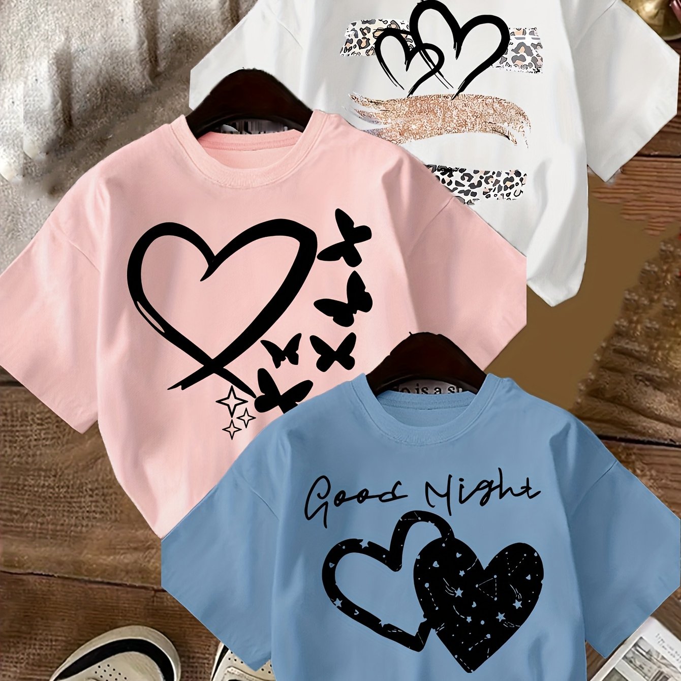 3pcs Love Print Summer Casual T-Shirts for Girls