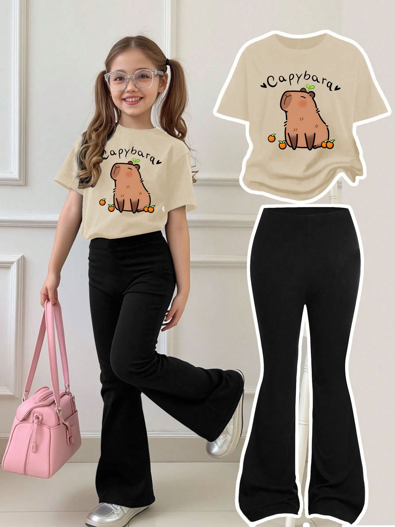 Girls Summer Breathable And Comfortable Fashion Casual Suit Capibara Print Round Neck Short-Sleeved T-Shirt + Flared Trousers Two-Piece Suit for Outdoor