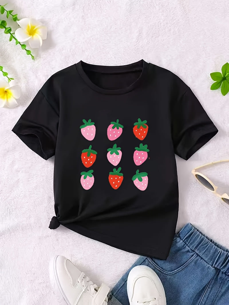 Women'S Casual Strawberry Print T-Shirt - Soft, Stretchy Knit Top with Round Neck, Short Sleeve, Spring/Summer/Fall Style, Comfortable Fit, Casual Wear | Playful Print Top | Comfortable Fit Top, Strawberry Top
