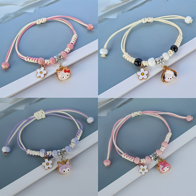 Sanrio Hello Kitty Adjustable Rope Bracelet with Kuromi, for Pochacco & for My Melody Charms - Cartoon Style Fashion Accessory for Women, Daily & Holiday Wear, Mardi Gras Day Theme, All-Season Weave Material