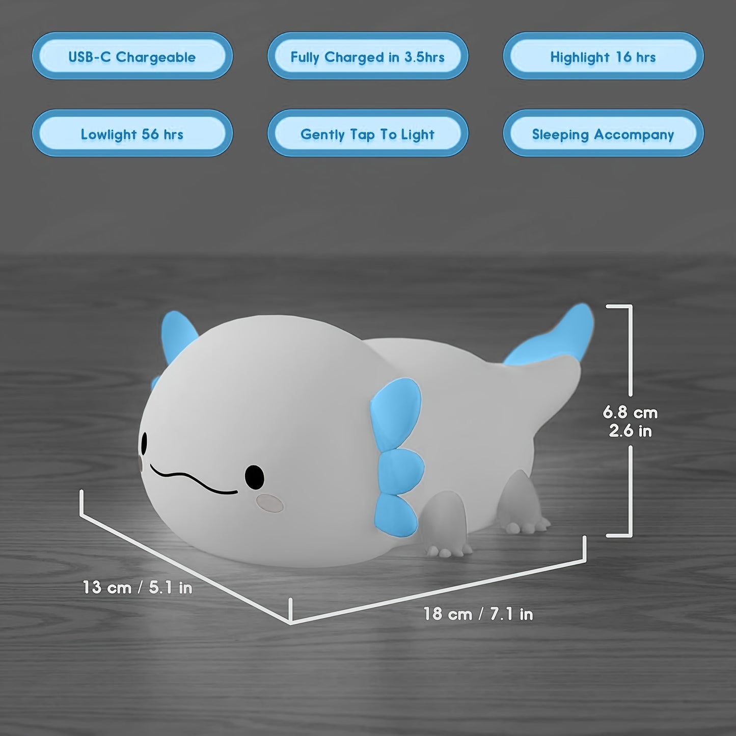 Adorable Axolotl LED Night Light - Dimmable, Rechargeable With Timer & Tap Control, Perfect Nursery Gift For Kids And Women..Up To Six Hours Of Wireless Lighting, Room