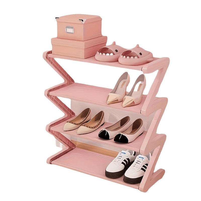 4-Tier Z-Shaped Shoe Rack, Durable Plastic Freestanding Storage Box with Curved Design, Easy-to-Assemble Floor Standing Organizer Suitable for Living Room or Dormitory, No Tools Required, Stackable and Space-Saving, Shoe Stor