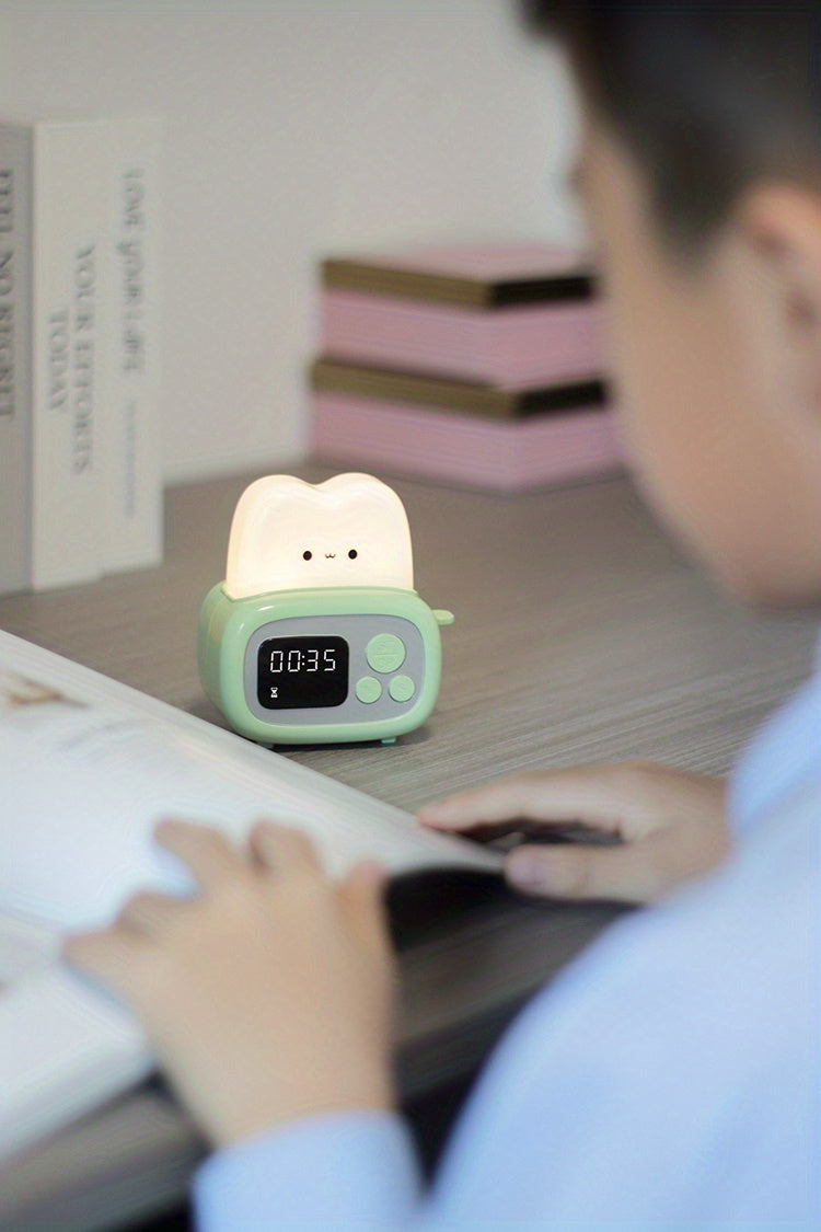 QANYI Modern Freestanding Bedside Alarm Clock Night Light, Adjustable Soft Light, USB Rechargeable Lithium Battery, Button Control, Plastic Shade, for Bedroom Tabletop Use