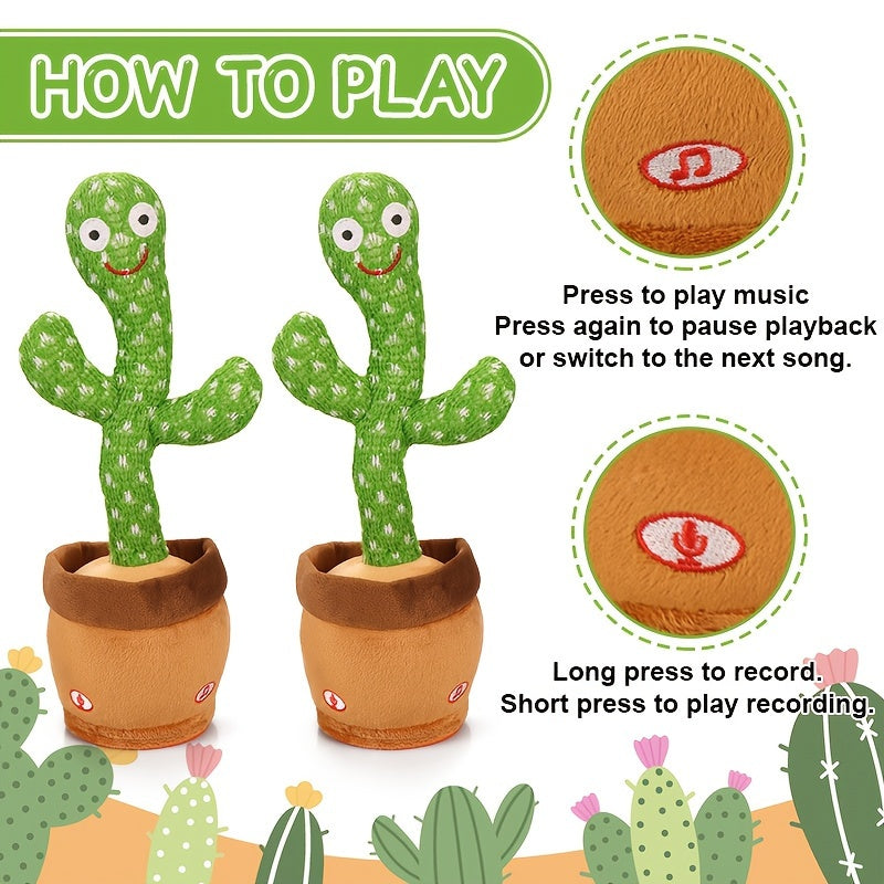 Dancing Cactus Singing Plush Toy - Interactive, Sunlit Green Cactus with Music Notes, 120 English Songs, No Batteries Needed, Ideal for Kids, Party Decoration | Interactive Plush Toy | Dancing Cactus Design, Cactus Decor