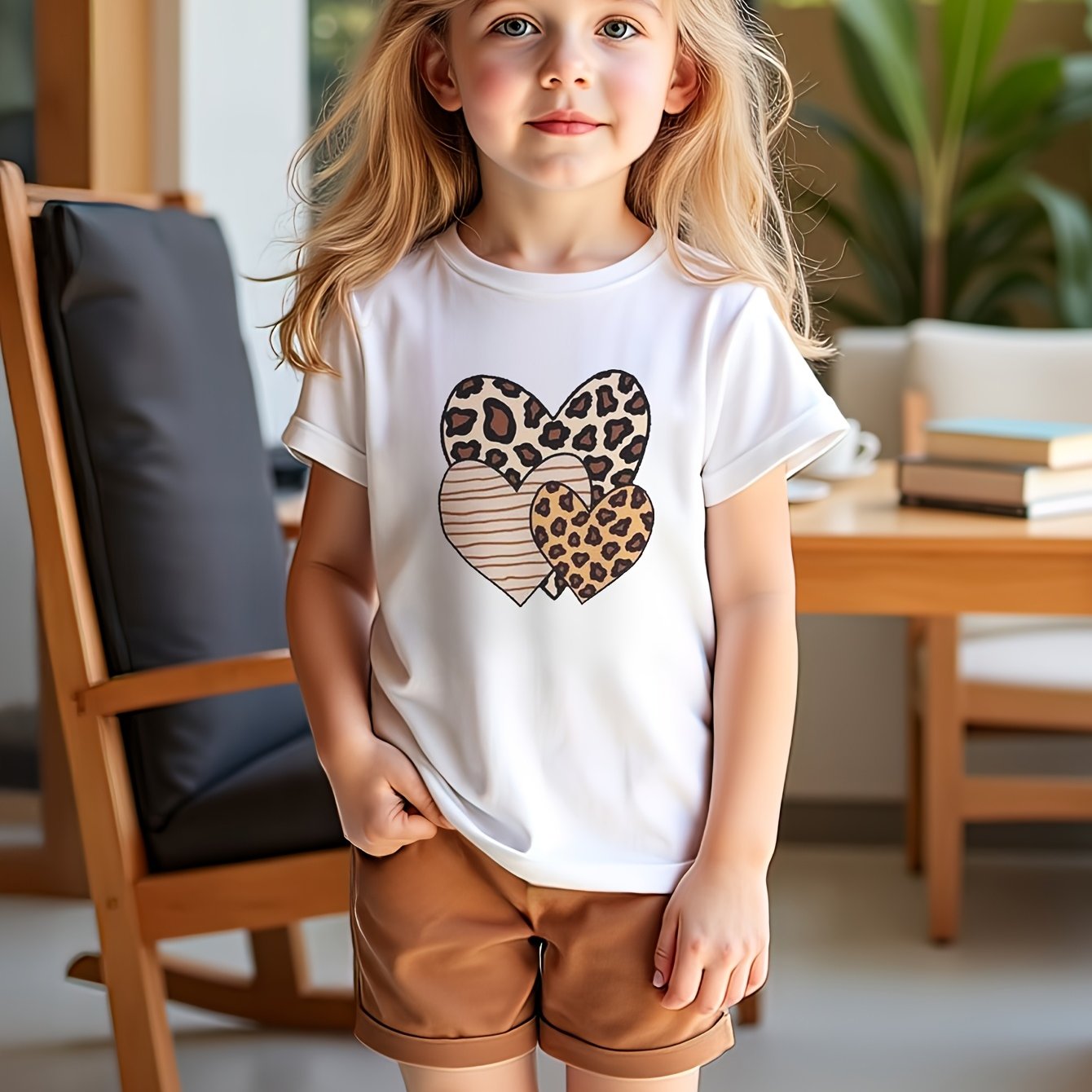 2pcs set of fashionable and comfortable summer suits for girls, regular round-neck short-sleeved top with love leopard print pattern + elastic waist plain shorts, girl's vacation foreign style versatile children's clothing, y