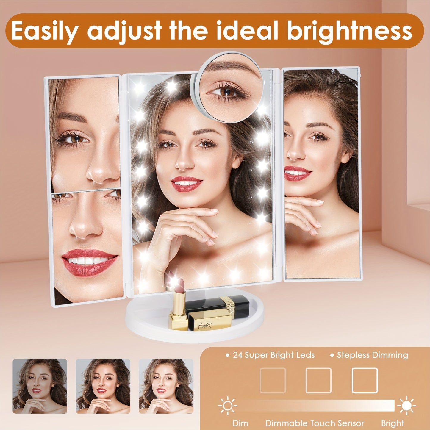 LED Trifold Mirror with Magnifying Mirror, Lighted Cosmetic Mirror Dressing Mirror, Bathroom Adjustable Brightness Mirror, 1X/2X/3X/10X Magnification And Touch Screen Trifold Cosmetic Mirror, Two Power Modes