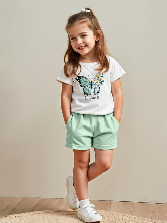 2pcs Set Summer Casual Short Sleeve Crew Neck Polyester T-Shirt Tops and Shorts for Kids, for Outdoor