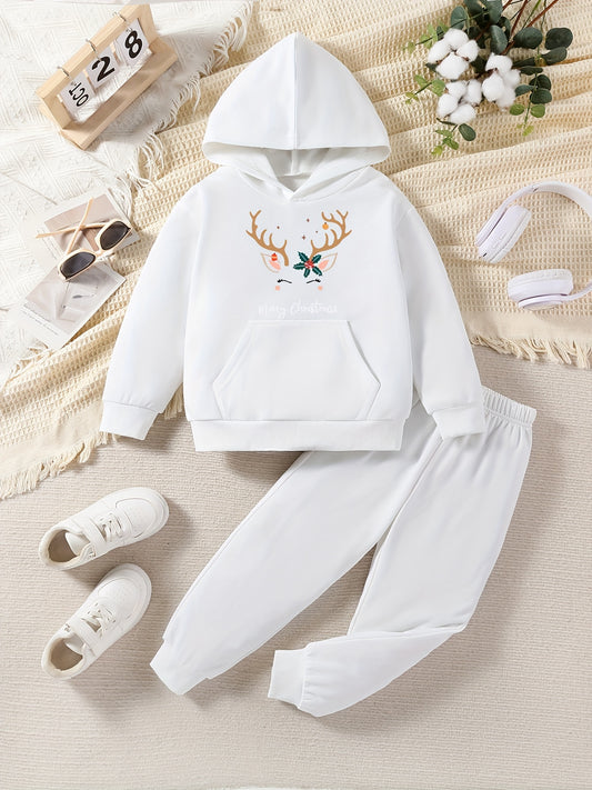 Girls' Festive Christmas Antler & Letter Print Sweatshirt and Joggers Set - Casual, Non-Stretch Polyester, Machine Washable - Perfect for Fall/Winter, Perfect for Outdoor