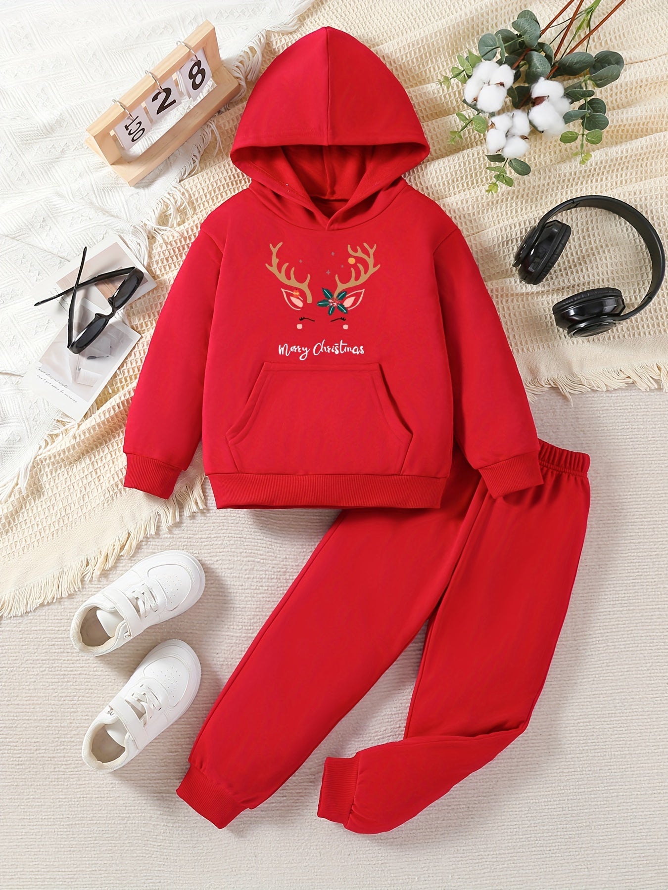 Girls' Festive Christmas Antler & Letter Print Sweatshirt and Joggers Set - Casual, Non-Stretch Polyester, Machine Washable - Perfect for Fall/Winter, Perfect for Outdoor