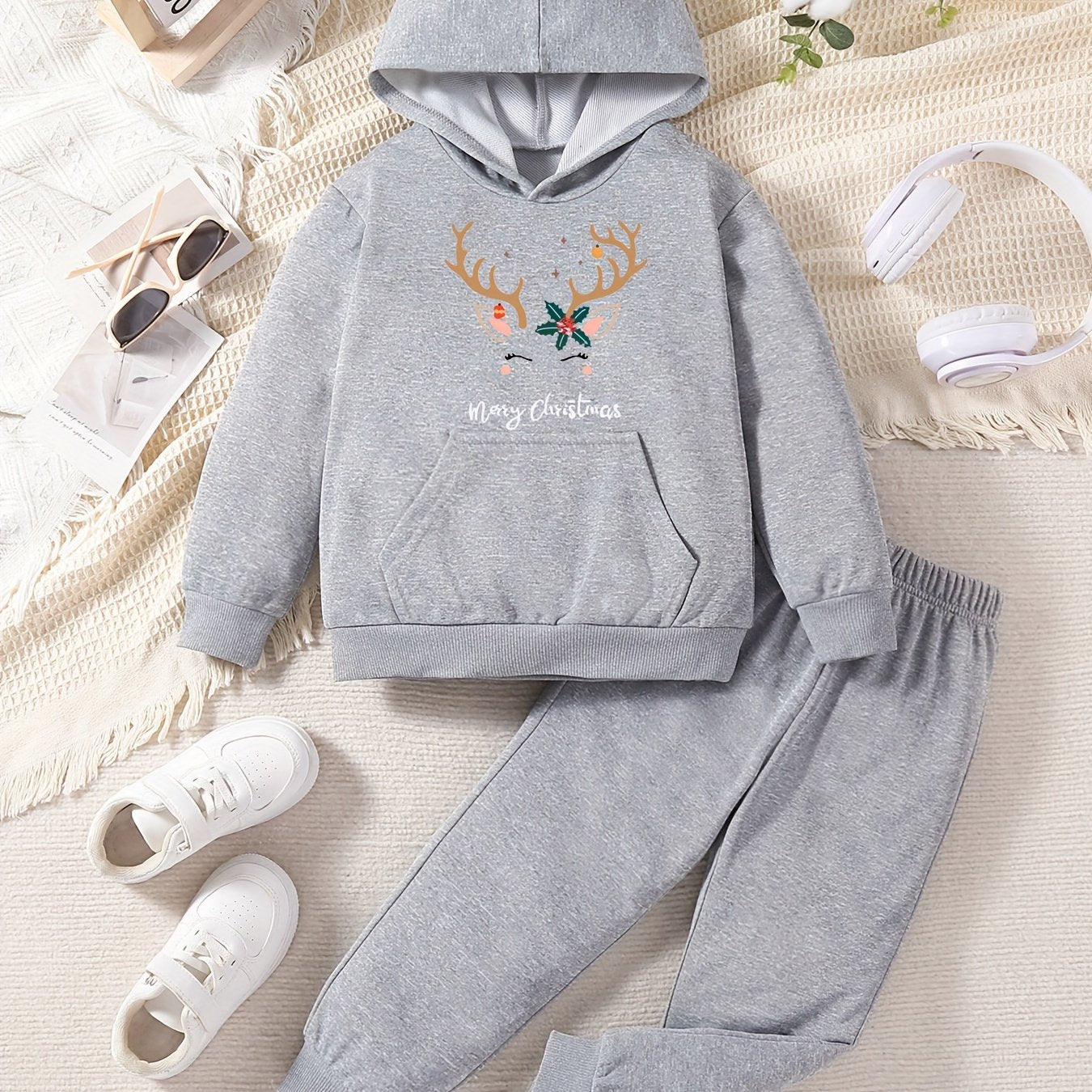 Girls' Festive Christmas Antler & Letter Print Sweatshirt and Joggers Set - Casual, Non-Stretch Polyester, Machine Washable - Perfect for Fall/Winter, Perfect for Outdoor