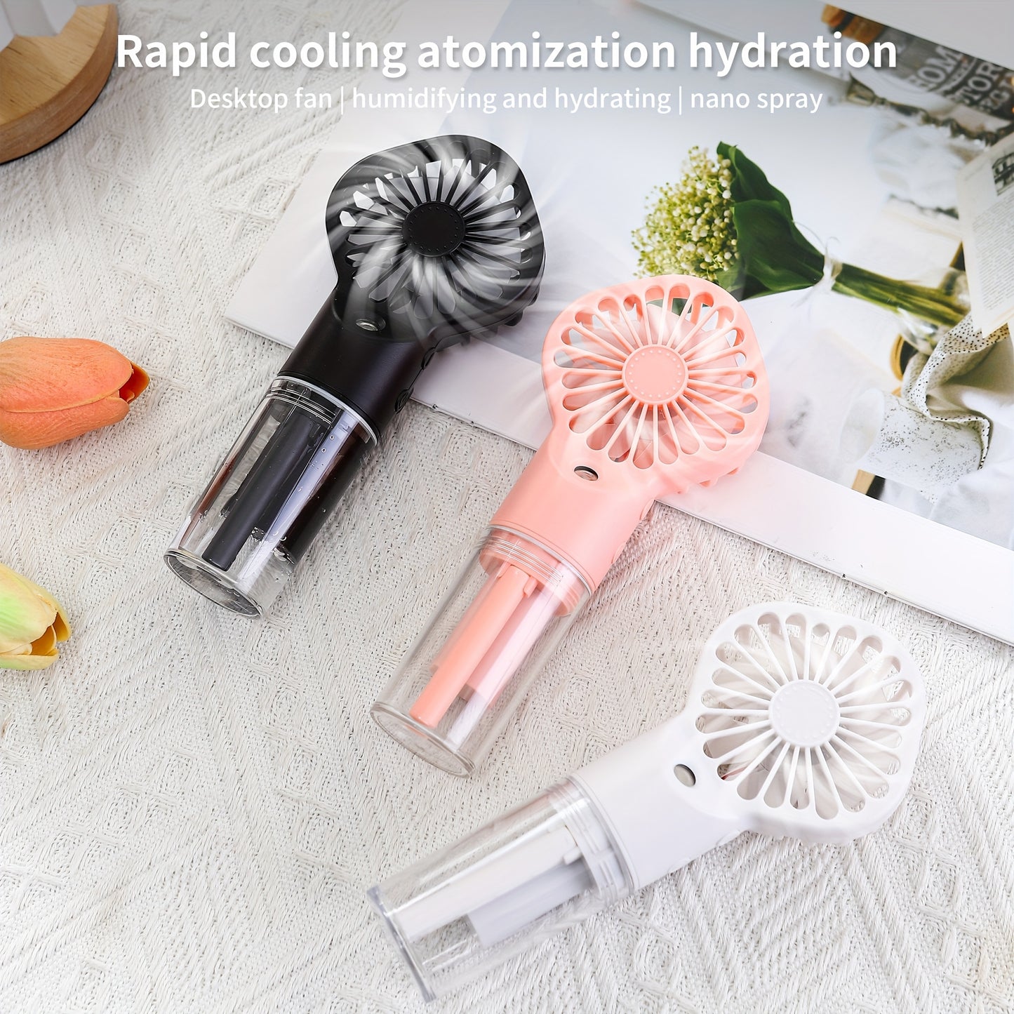 Portable Handheld Spray Fan for Outdoor Use, Neck-Hanging Fan, Desktop Humidifying Mini Fan with Four Wind Speed Settings.