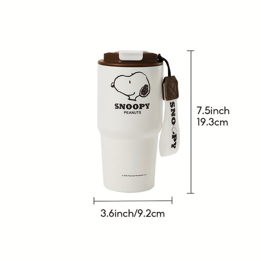 MINISO Snoopy Nuts 16.91oz Stainless Steel Travel Cup with Carrying Strap, Brown & White - Ideal for Women's Day, Valentine's, Thanksgiving, New Year, Mother's Day, Portable Coffee Cup|Themed Merchandise|Secure Lid Feature, C