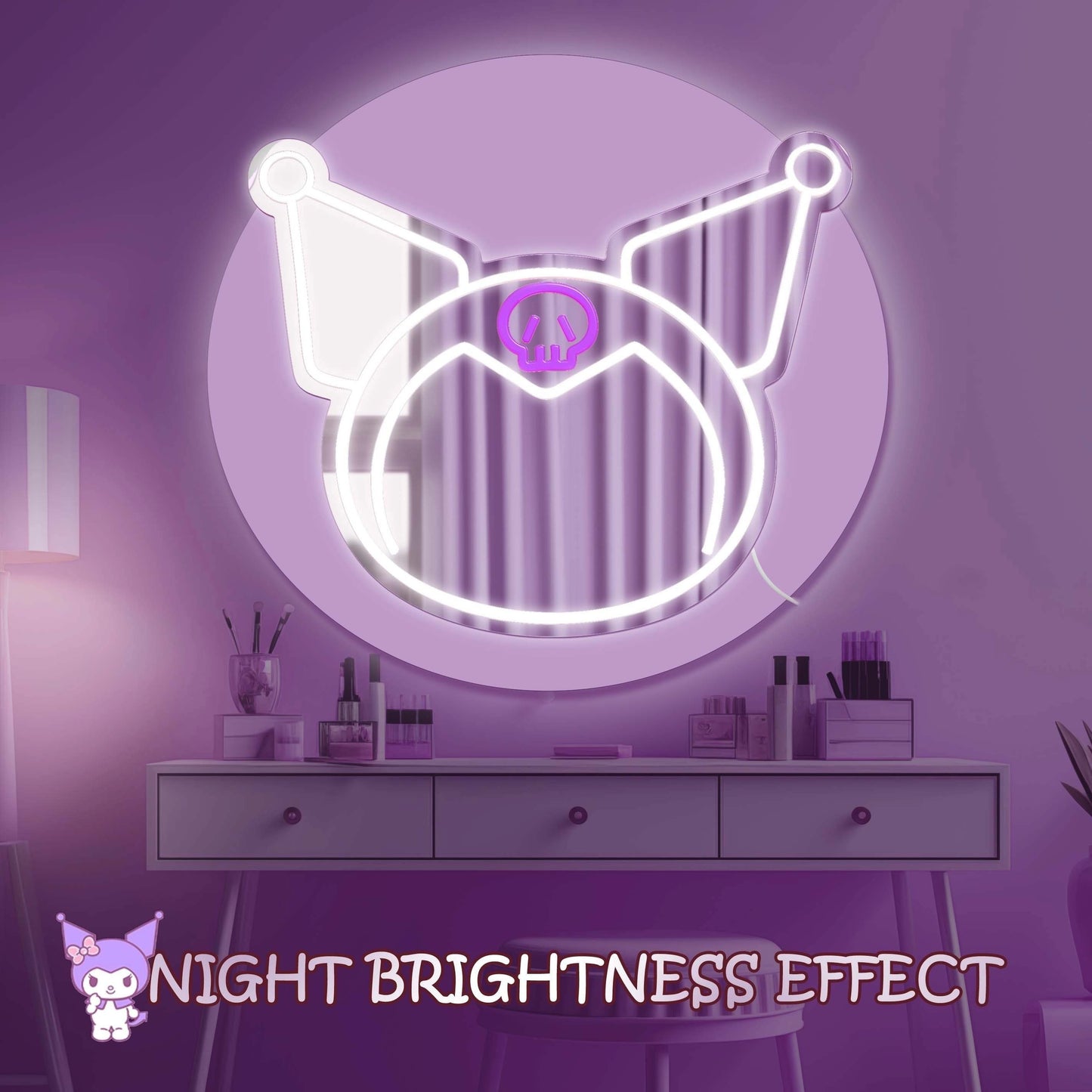 1pc Sanrio Kuromi LED Mirror, USB Powered Neon Light, Adjustable Brightness, Contemporary Cartoon Style, Vertical Irregular Shape, Portable Aesthetic Lamp for Bedroom, Makeup Room, Birthday, Christmas Gift