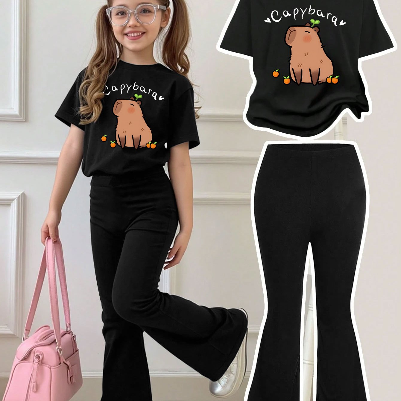 Girls Summer Breathable And Comfortable Fashion Casual Suit Capibara Print Round Neck Short-Sleeved T-Shirt + Flared Trousers Two-Piece Suit for Outdoor