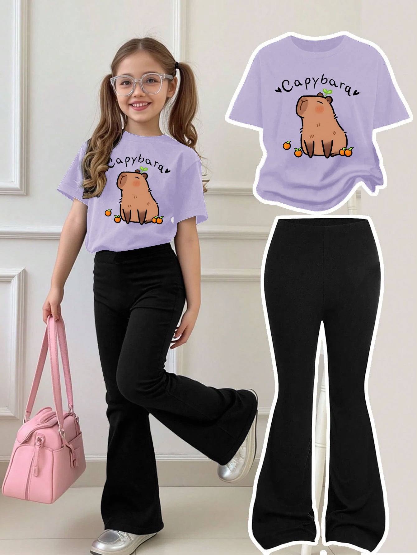 Girls Summer Breathable And Comfortable Fashion Casual Suit Capibara Print Round Neck Short-Sleeved T-Shirt + Flared Trousers Two-Piece Suit for Outdoor