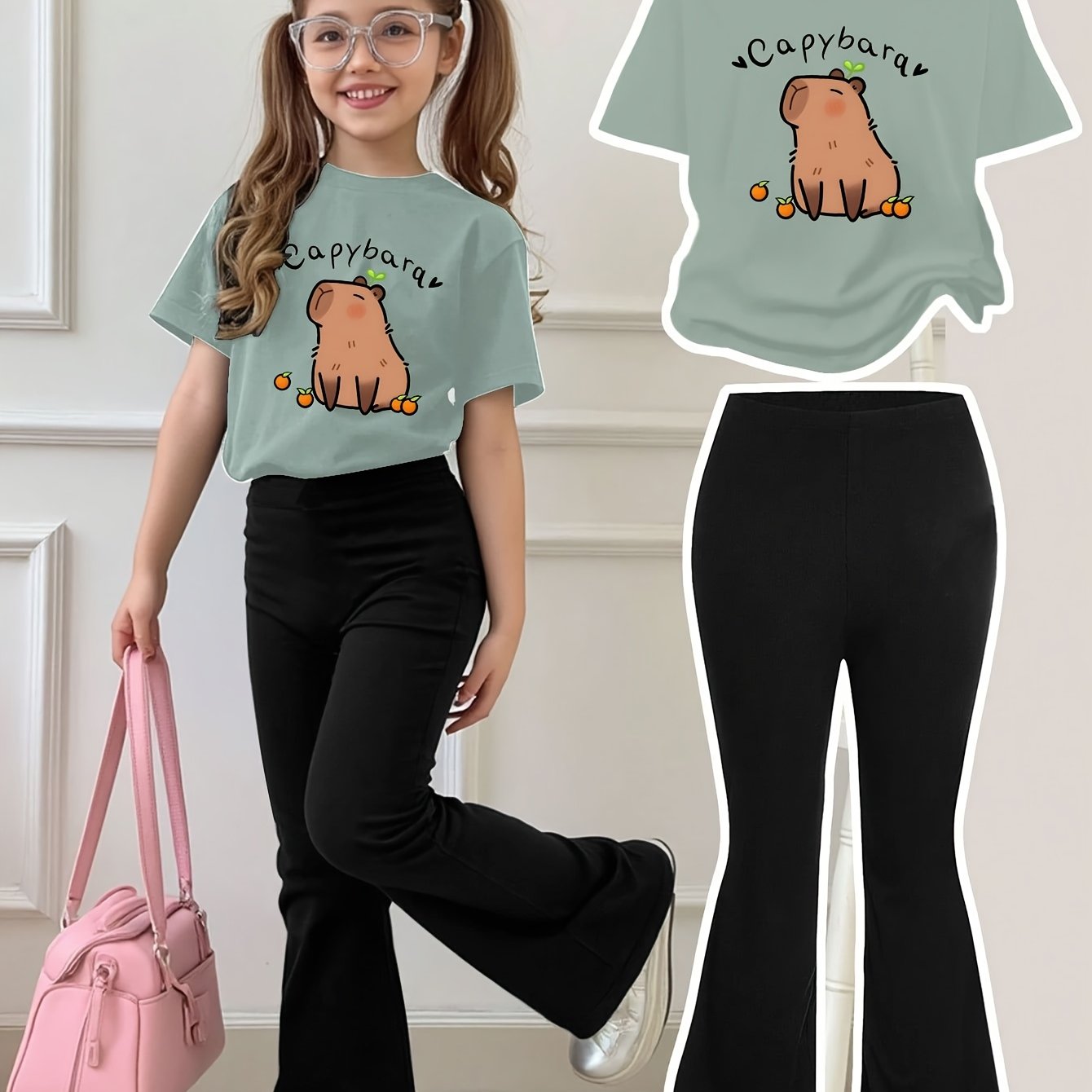 Girls Summer Breathable And Comfortable Fashion Casual Suit Capibara Print Round Neck Short-Sleeved T-Shirt + Flared Trousers Two-Piece Suit for Outdoor