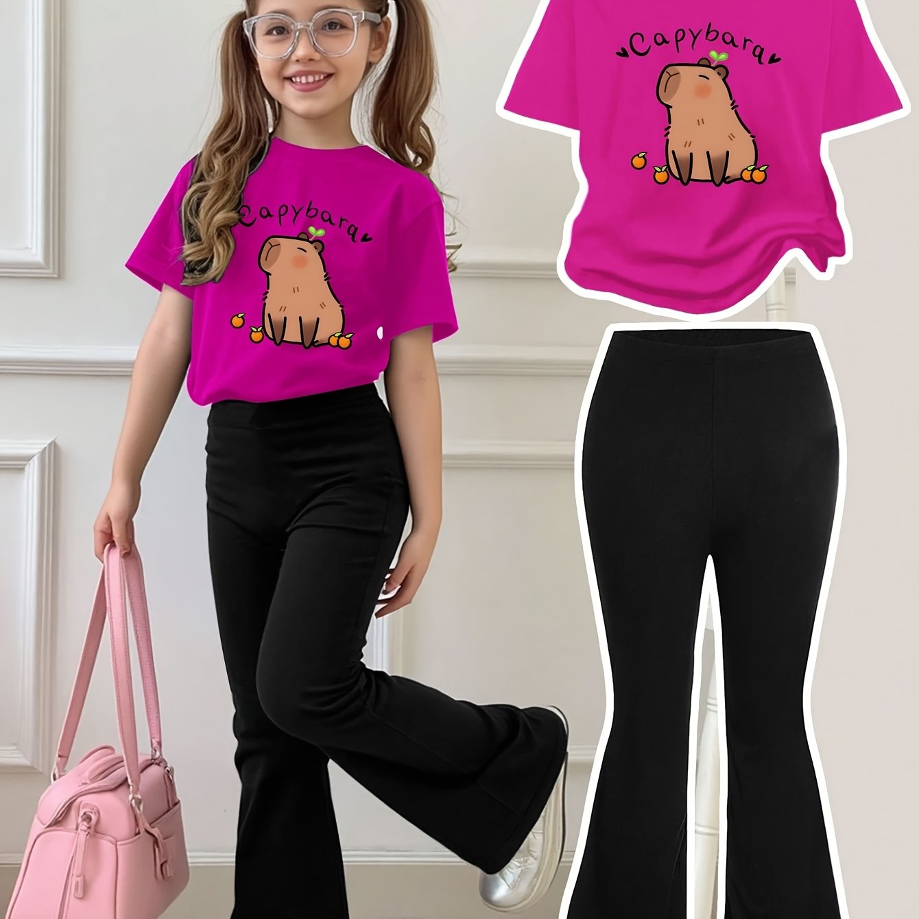 Girls Summer Breathable And Comfortable Fashion Casual Suit Capibara Print Round Neck Short-Sleeved T-Shirt + Flared Trousers Two-Piece Suit for Outdoor