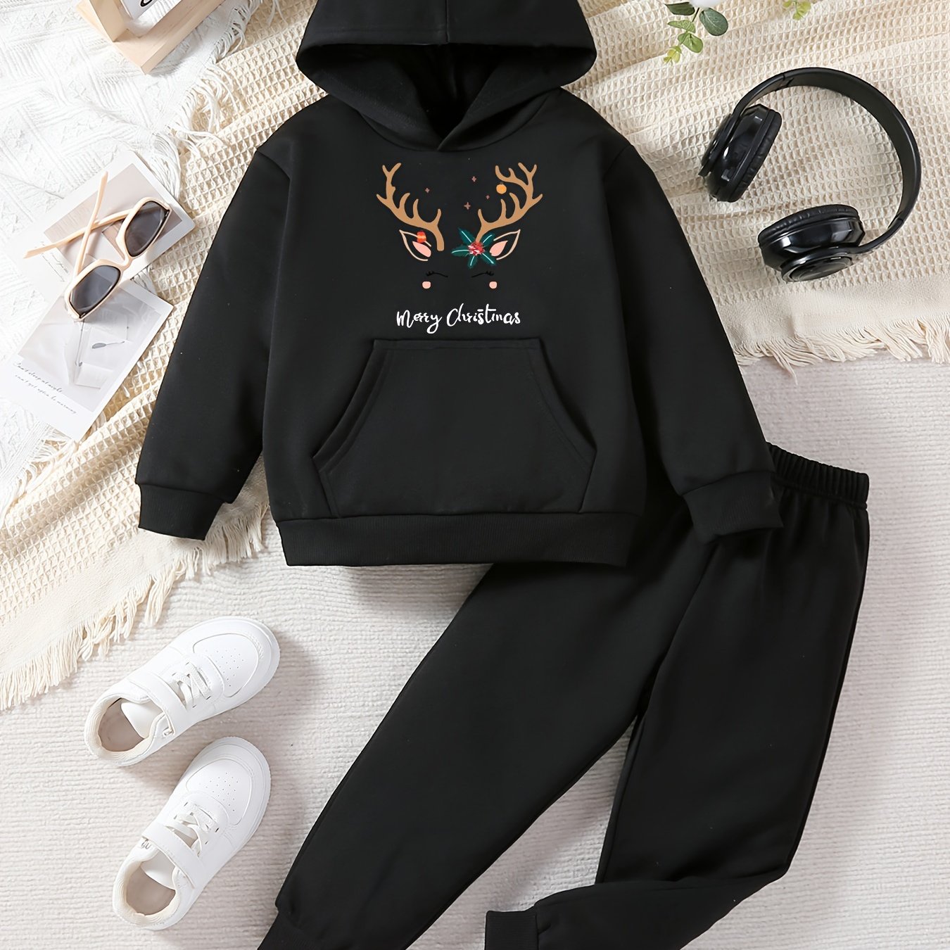 Girls' Festive Christmas Antler & Letter Print Sweatshirt and Joggers Set - Casual, Non-Stretch Polyester, Machine Washable - Perfect for Fall/Winter, Perfect for Outdoor