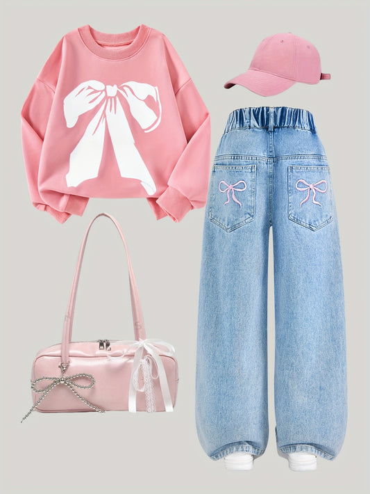 A Outfit Set, Featuring a Stylish Hoodie with a Butterfly Pattern And Embroidered Jeans with a Bow, Embodies Street Fashion And Casual Style, Suitable for All Seasons, Providing a Comfortable Fit for Various Occasions, for Ou