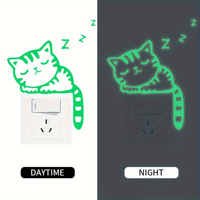 Glow-in-the-Dark Cat Wall Stickers - Removable Vinyl Decals for Light Switch, Creative Home Decor in Blue & Green, Adds Whimsical Touch to Living Room or Bedroom, Playful Room Decor | Whimsical Cat Design | Removable Sticker