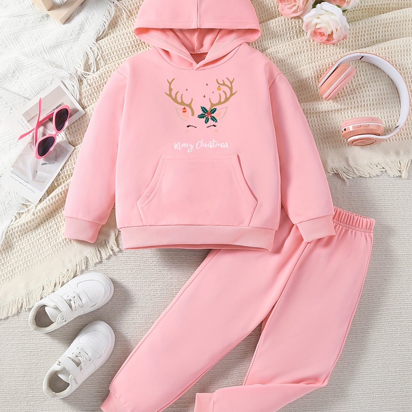 Girls' Festive Christmas Antler & Letter Print Sweatshirt and Joggers Set - Casual, Non-Stretch Polyester, Machine Washable - Perfect for Fall/Winter, Perfect for Outdoor
