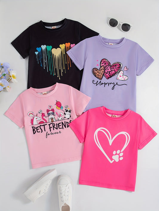 4pcs Girls' Summer Casual T-Shirts - Cute Heart, Cartoon & Letter Print, Soft Polyester Blend, Short Sleeve, Round Neck, Regular Fit - Black, Purple, Pink, White, Summer T Shirts