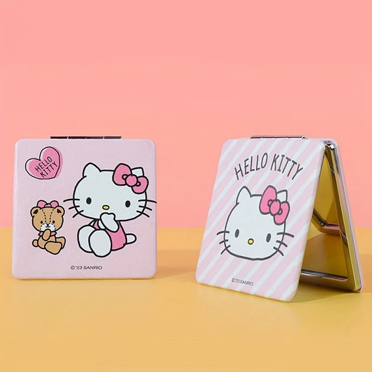 MINISO Hello Kitty Double-Sided Pink Striped Folding Mirror - Portable Square Travel Makeup Mirror with Cute Cartoon Design, Teddy Bear & Hearts, Durable Plastic Compact for On-the-Go, Playful Aesthetic