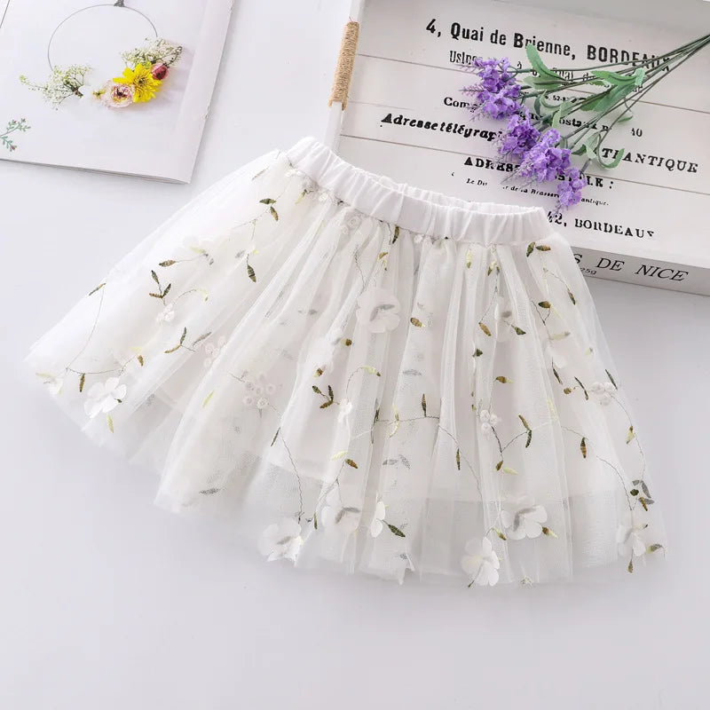 2025 Girls Korean Style  Gauze Skirts Embroidered Casual Mesh Summer Short Skirts for Children Girls